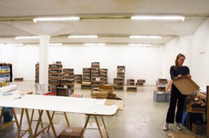 Leonie Rohner packt Schachteln im Dienstgebäude