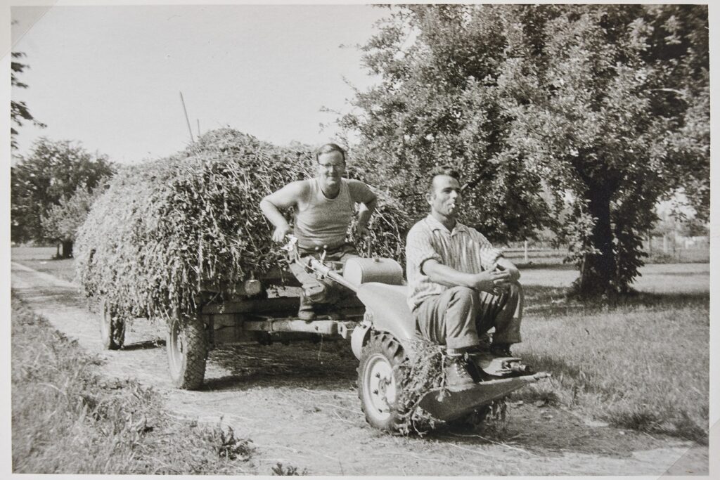 Schwarz-weiss-Fotografie von Kurt Rindlisbacher und Knecht Giuseppe beim Heu einfahren