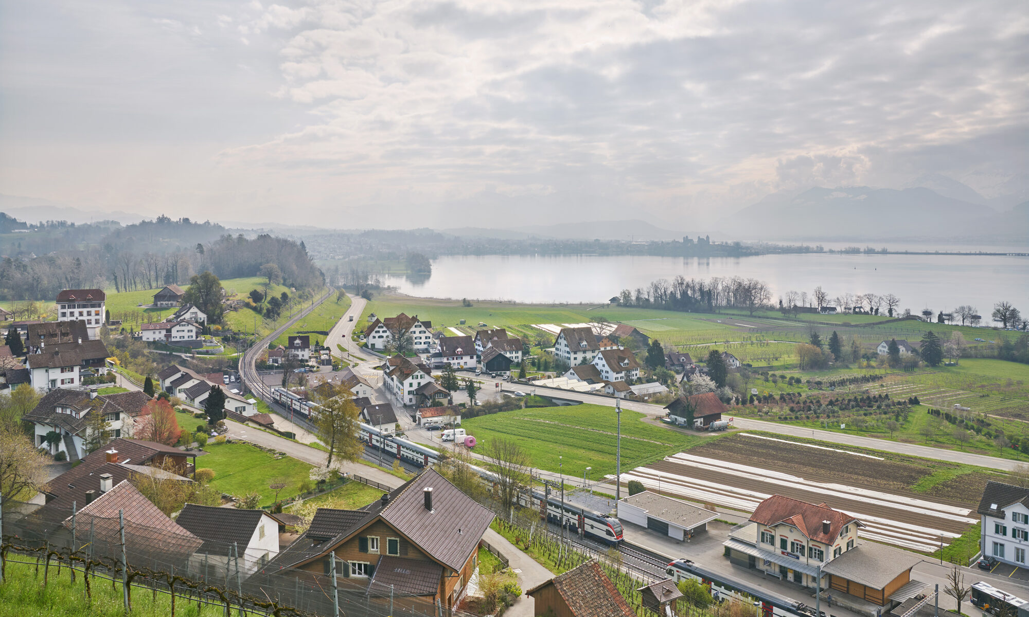 Blick von oberhalb des Bahnhofs aufs Dorf Feldbach, im Hintergrund der See und die Silhouette des Schlosses Rapperswil