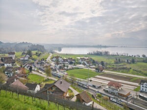 Blick von oberhalb des Bahnhofs aufs Dorf Feldbach, im Hintergrund der See und die Silhouette des Schlosses Rapperswil
